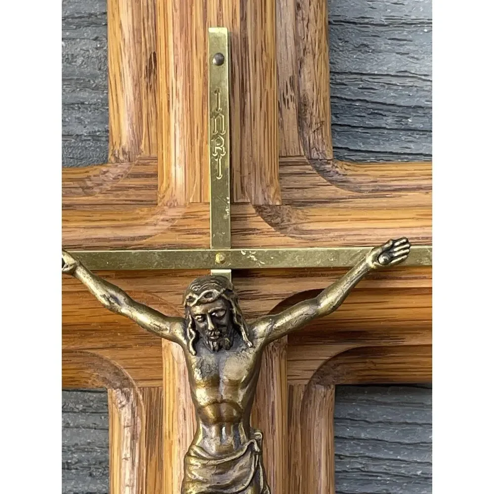 Vintage Wood Crucifix Wall Cross 16” Oak Ridged Brass Corpus Christi “INRI”